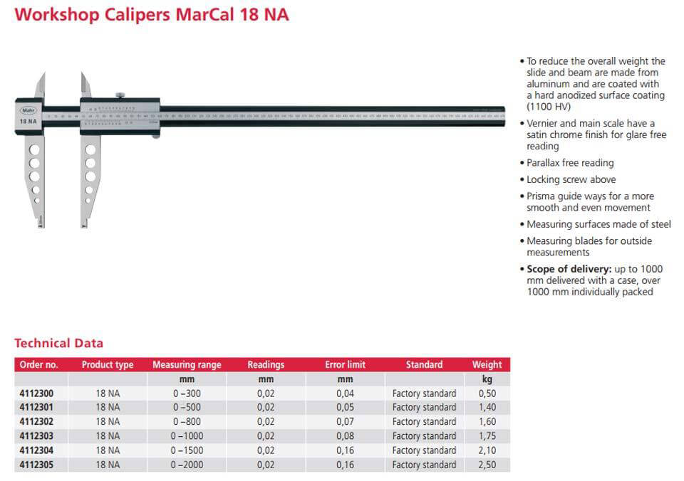 Dòng thước kẹp cơ khí cao cấp 18 NA từ Mahr, dải đo tới 2 mét