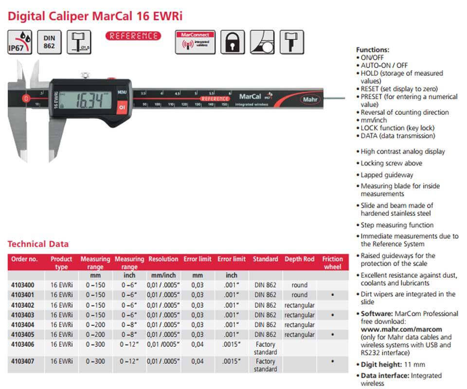 Dòng thước kẹp điện tử MarCal 16 EWRi với kết nối dữ liệu không dây và IP67