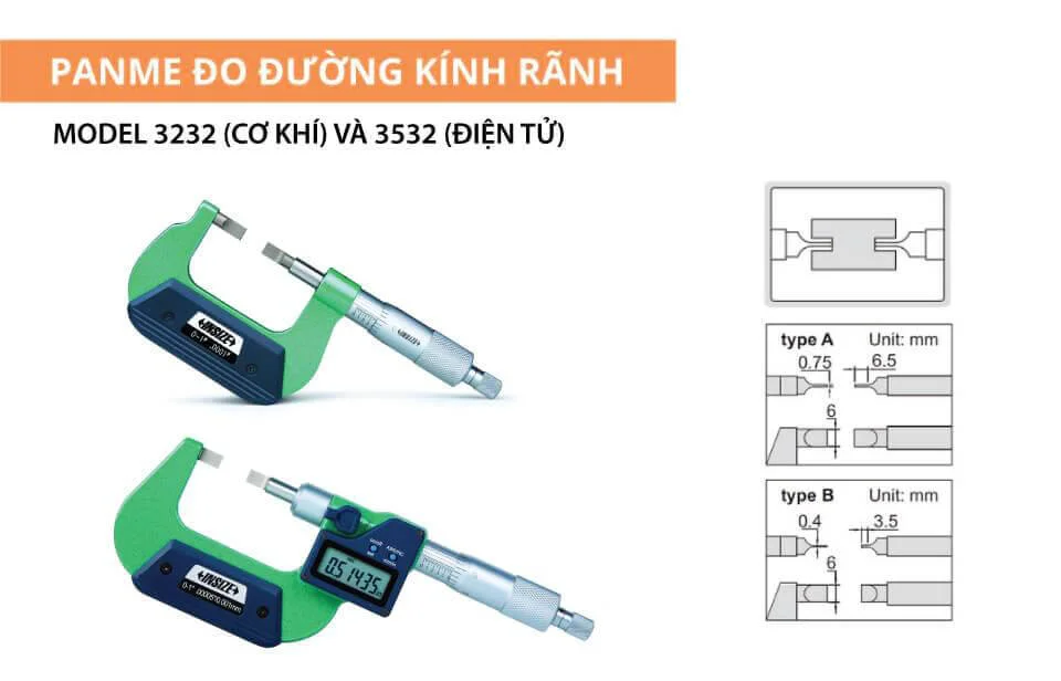 Panme đo đường kính rãnh Panme đo đường kính rãnh