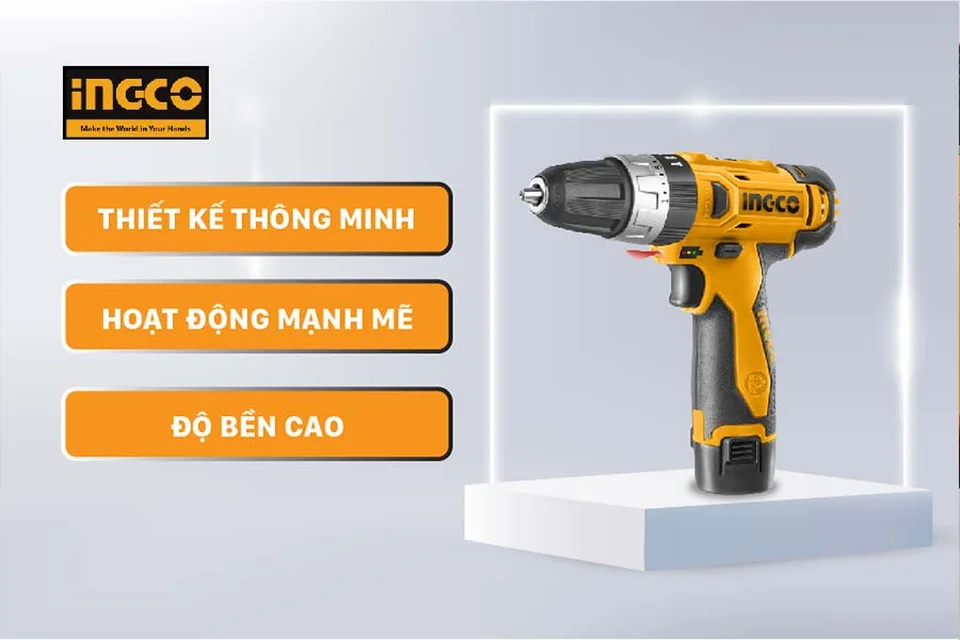 Chất lượng của máy khoan pin: ảnh cần có hình máy khoan pin INGCO với text: thiết kế thông minh - hoạt động mạnh mẽ - Độ bền cao